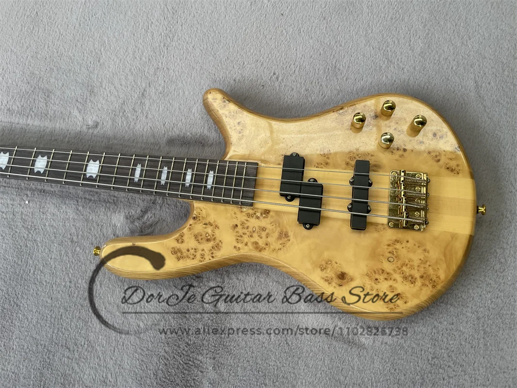 4 Strings Bass Guitar Ash Wood Body Burl Maple Top Fixed bridge Gold Tuner Active battery Spe bass