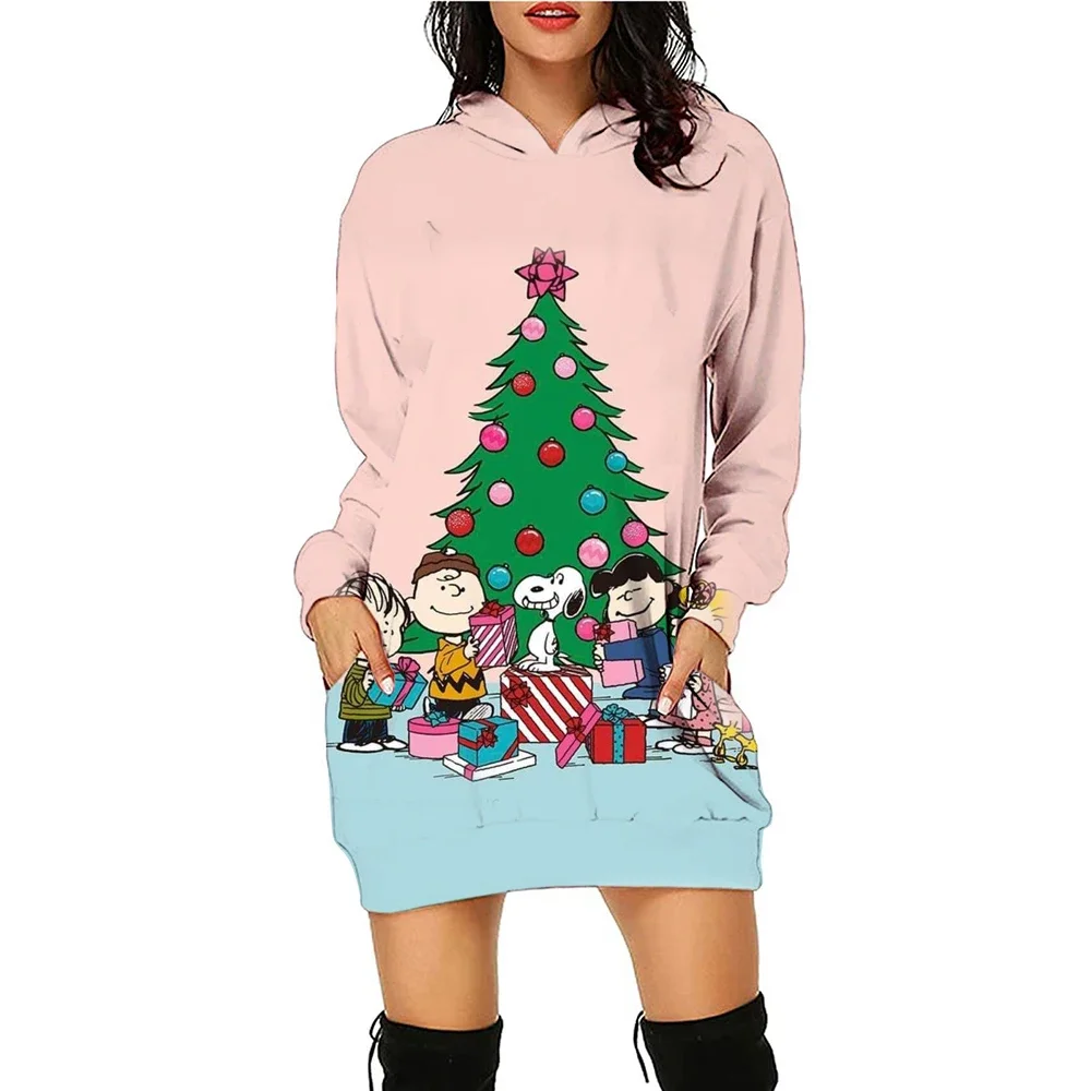 Ladies' Hot Selling Autumn and Winter Christmas Gift Fashionable Casual Dress Snoopy Printed Hoodie Dress 2024 New Hoodie