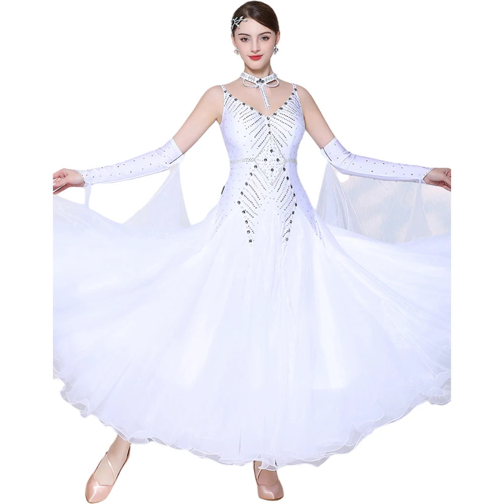 왈츠 볼룸 드레스 경쟁 핑크 라이트 퍼플 스트랩 볼룸 댄스 기질 라인 석 긴 소매 화이트 그린 v 넥