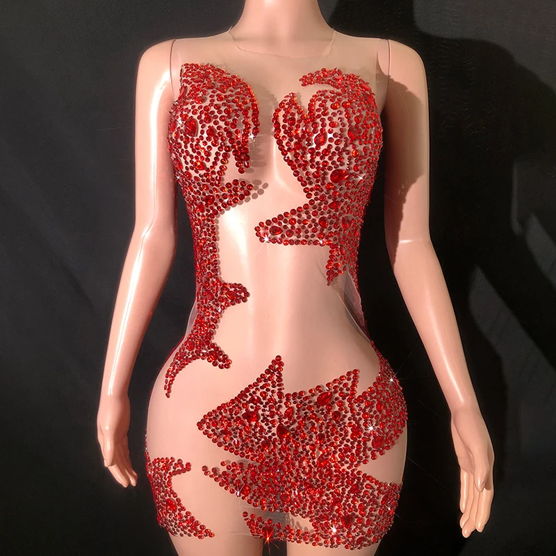 

Red Diamond See-tough Dr Sexy Par Gown Stage Performance Costume Cross-border Faionable Women's Polyester Dr