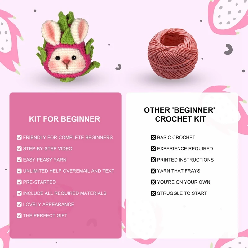 Kit de crochet de lapin de fruits pour débutants, tutoriel vidéo étape par étape, kit d'animaux au crochet pour enfants et adultes, facile à utiliser