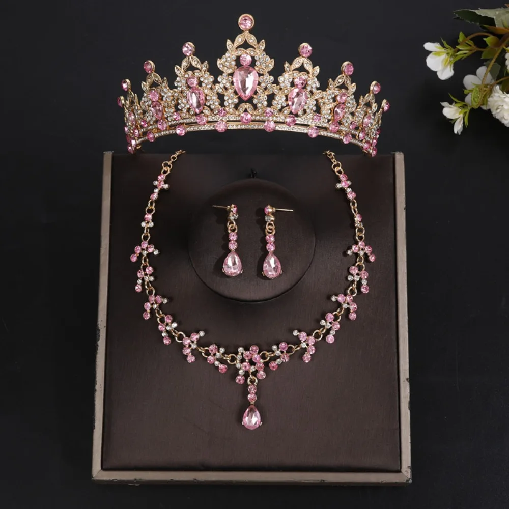 

3pcs/set Luxury Bridal Jewelry Sets Silver Color Crystal Tiaras Crown Necklace Earrings Sparkling Rhinestone