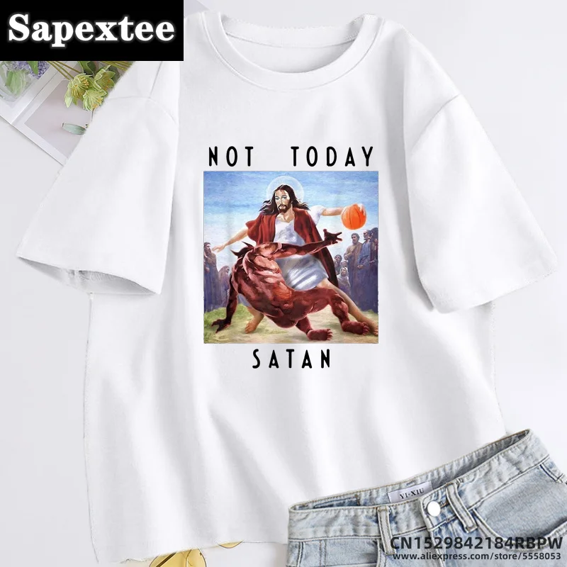 Not Today Satan Jesus Vs Satan In Basketball T-shirts for Women Men Funny Cotton Short Sleeve O Neck Tee Shirt Summer Streetwear