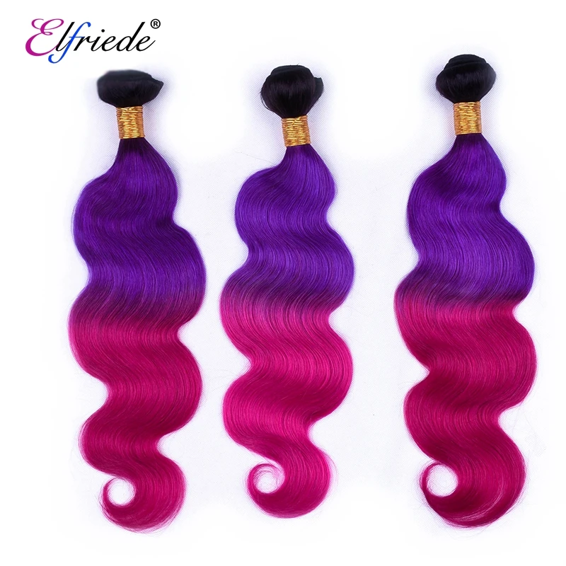 Elfriede #1B/Purple/Rose Red Body Wave Human Hair Bundles with Closure Remy Hair Weaves Colored 3 Bundles with Lace Closure 4x4