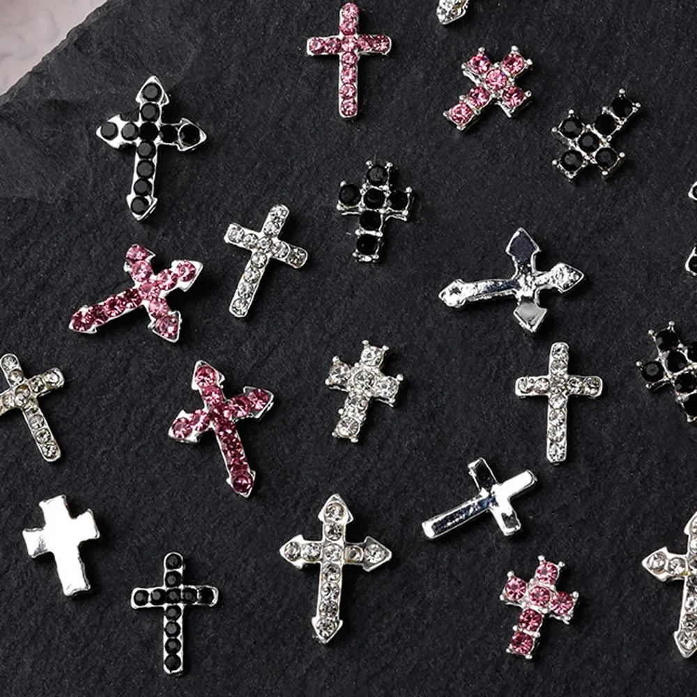 10Pcs 3D Cross Alloy Nail Art Charms Mini Rhinestone Silver/Black/Pink Supplies Large Diamond Decoration Christ Nail Part Bulk