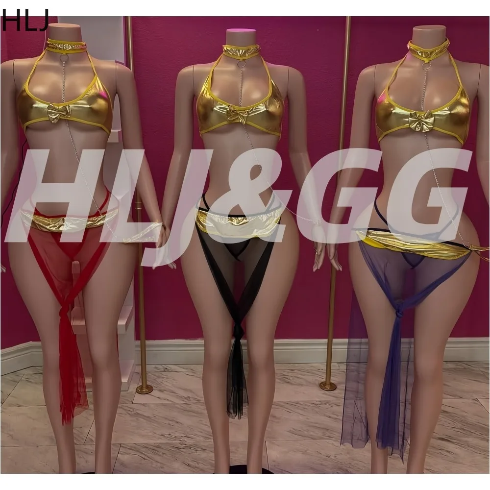 

HLJ Sexy 2 Pieces Set for Woman Outfits Spaghetti Strap Neck Chain Bra and Mesh Patchwork Skirt Female Party Clubwear Vestidos