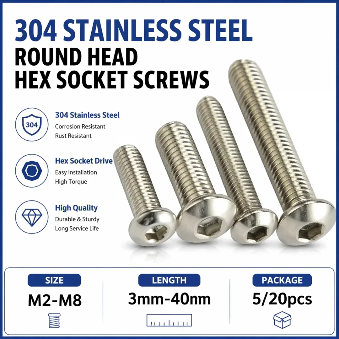 M2 M2.5 M3 M4 M5 M6 M8 304 Stainless Steel Hex Round Pan Mushroom Head Screws Hexagon Socket Button Head Bolt Truss Screws