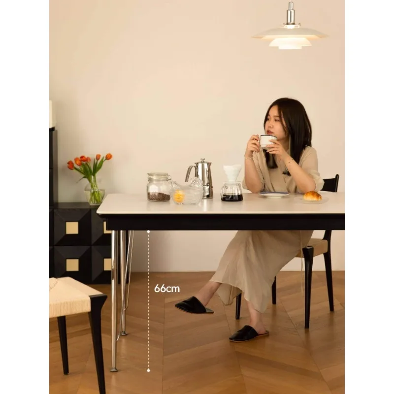 Solid wood rock slab dining table, medieval style simple retro home small apartment rectangular desk