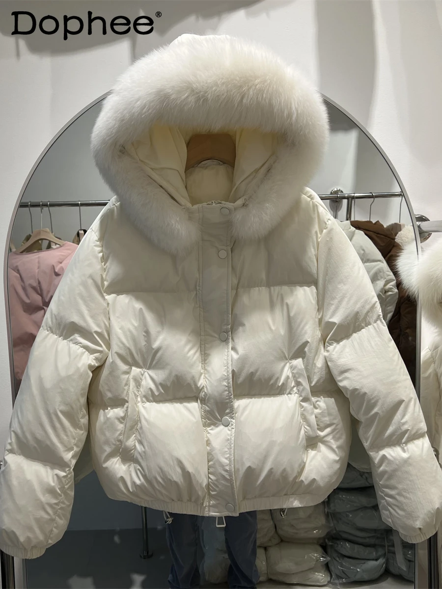 

Winter 2024 New Short Down Jacket Women's Hooded Big Fox Fur Collar Thickened Loose White Duck Down Jacket Solid Color