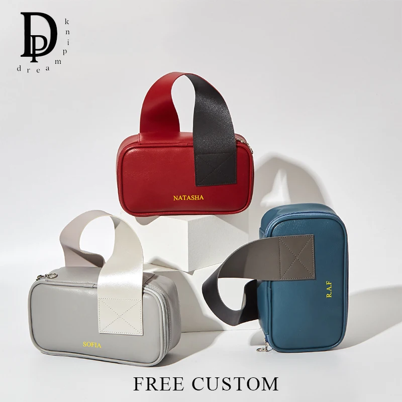 

Fashion Woman Travel Cosmetic Bag Custom Name Fashion Portable Handbag Large Capacity Leather Engrave Letters Zipper Make Up Bag