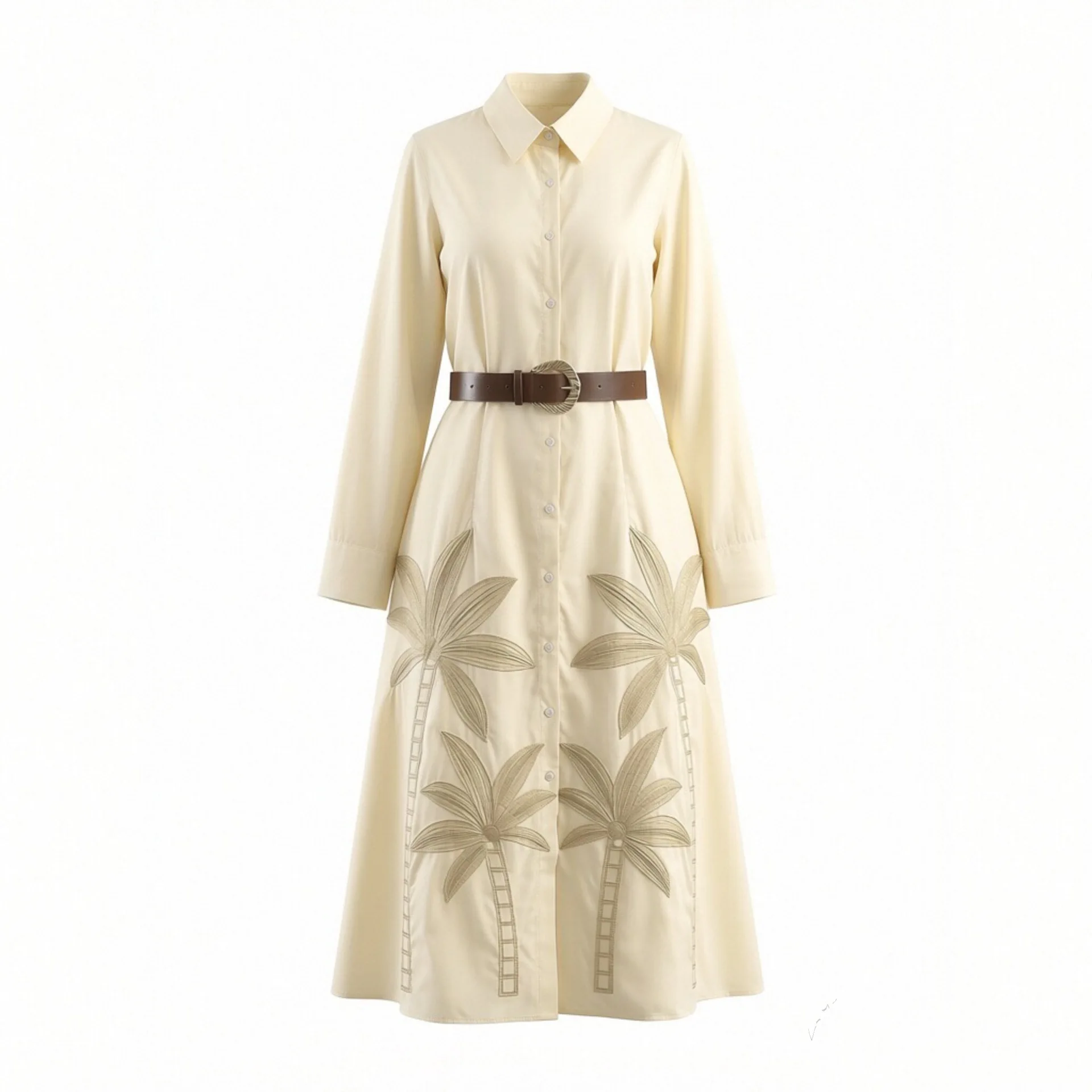 

Withered Fashionable Shirt Style Long Sleeved Dress With Waistband Woman Clothes Dress Elegant Party Dresses
