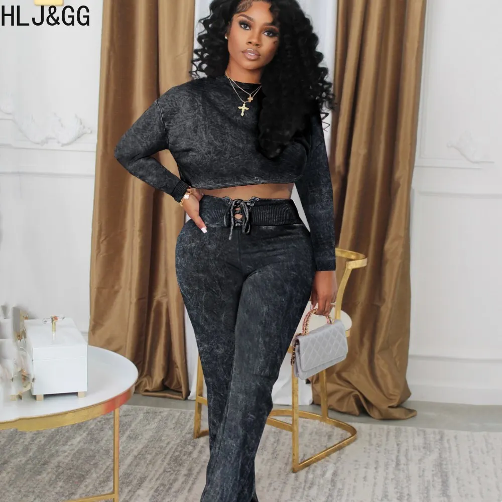 

HLJ&GG Autumn New Solid High Waist Bandage Pants Two Piece Sets For Women O Neck Long Sleeve Crop Top And Pants Outfit Tracksuit