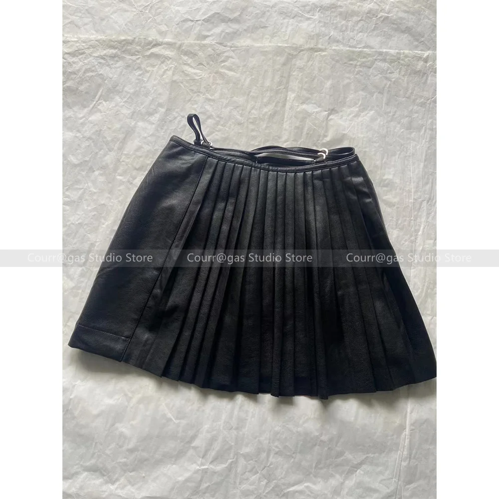 Niche Black Waist Hollowed Out Pressure Pleated High Quality Protein Leather Sexy Hottie Short Skirt Women