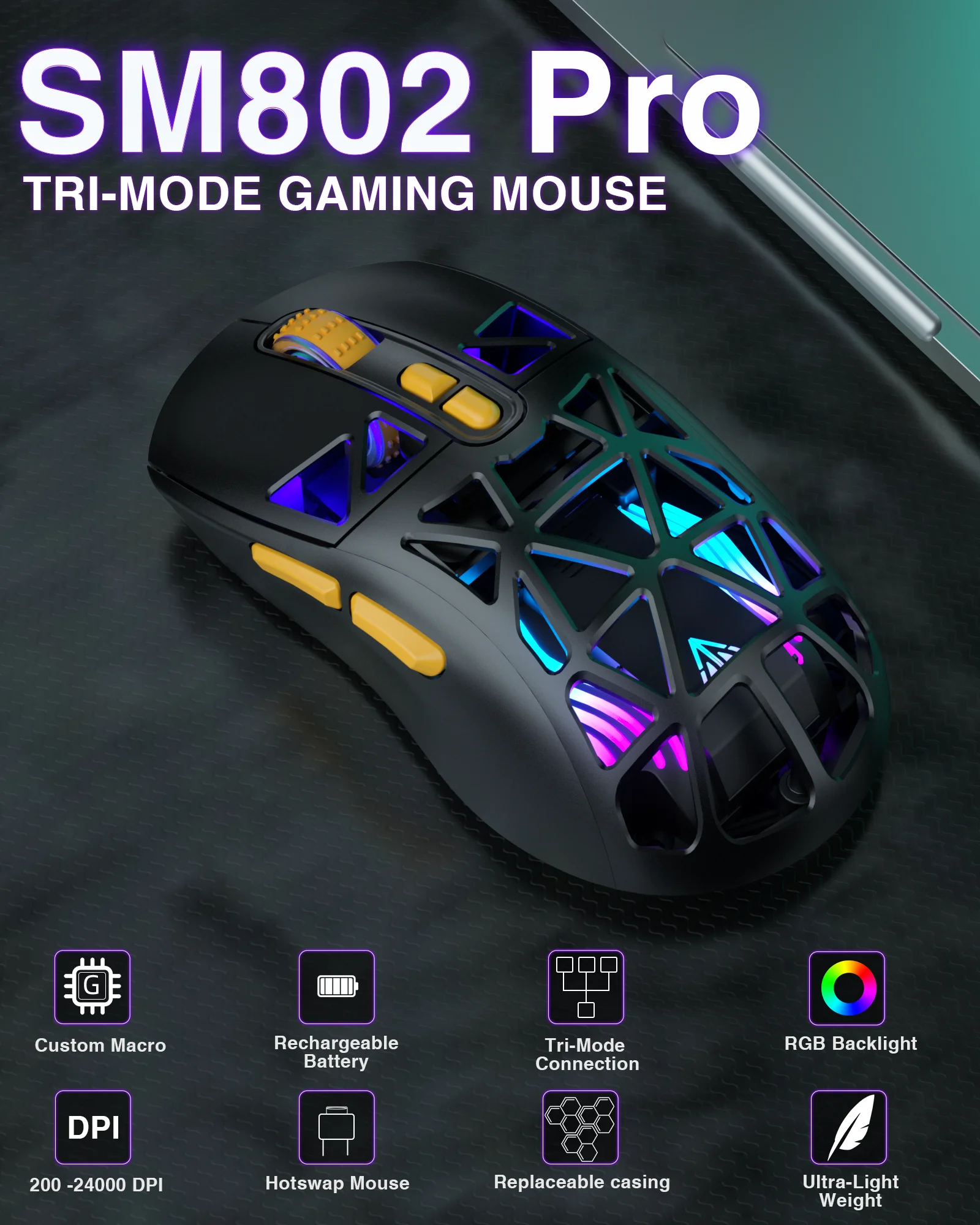 

SOLAKAK SM802 Tri-modes Gaming Mouse Replaceable Shell Macros, 6-adjustable DPI, 600mah, RGB, lightweight