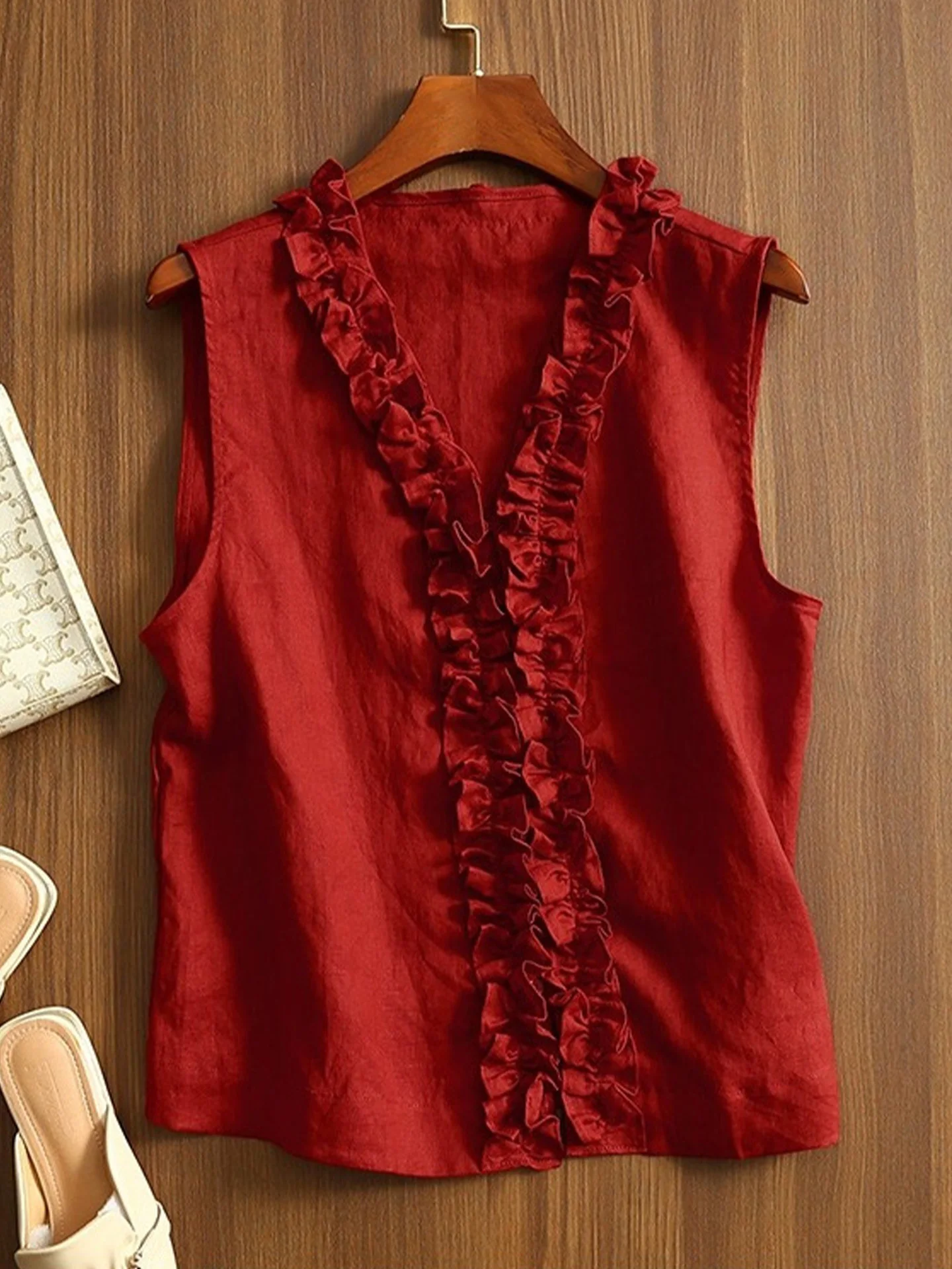 Unieke V-Ne Svel irt Dames Faion Retro Vest Pure Kleur Veelzijdige Zomer 2025, Sle Koreaanse Straight Cut Zijden Top