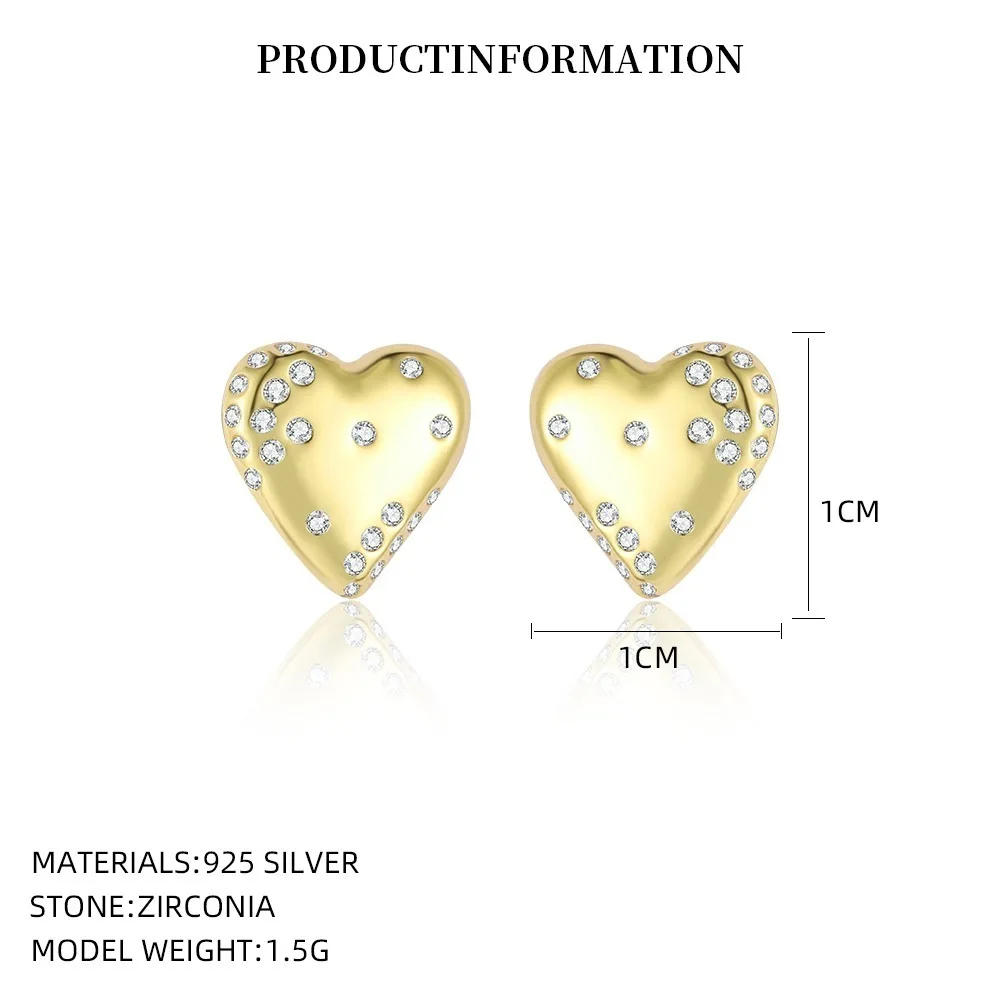 925 فضة مطلية بالذهب على شكل قلب مكعب زركونيا وأقراط المرأة موضة لذيذ كومة خفيفة الوزن حلق صغير #4