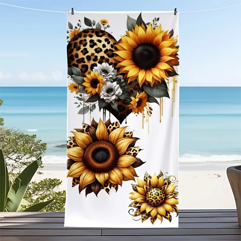 Leopard Sunflower Heart Print Beach Towel Microfiber Absorbent Large Summer Beach Pool Blanket