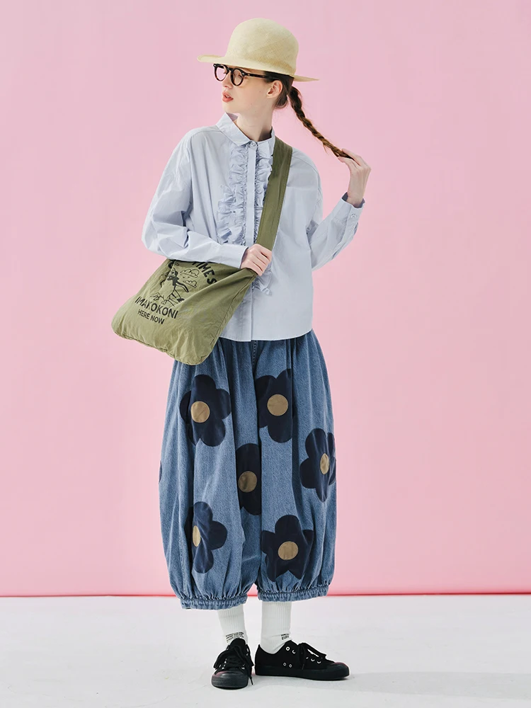 IMAKOKONI original design elastic waistband flower patch loose denim cropped pants 244955