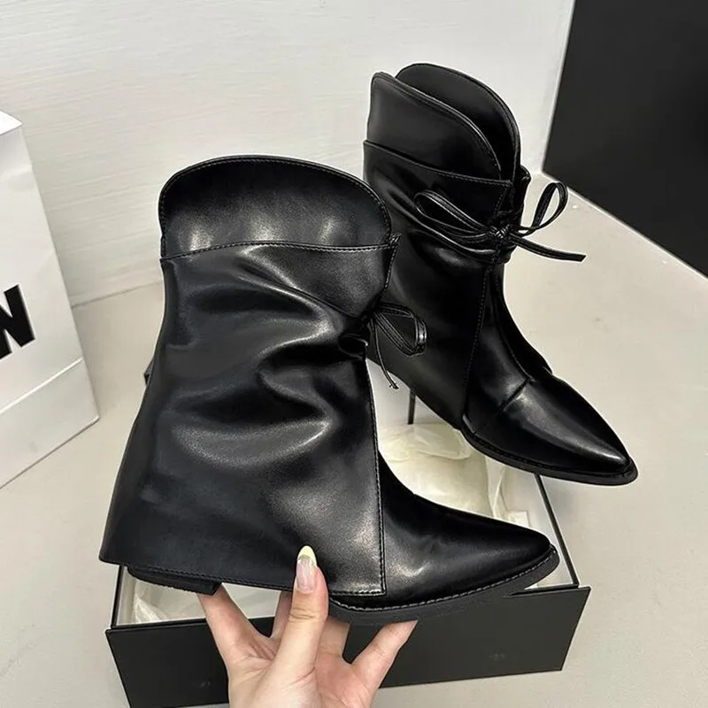 

Designer 2025 New Style Women Cowboy Boots Pointed Toe Thick Heel Female Short Boot Large Size Bow Trouser Boots for Women Shoes