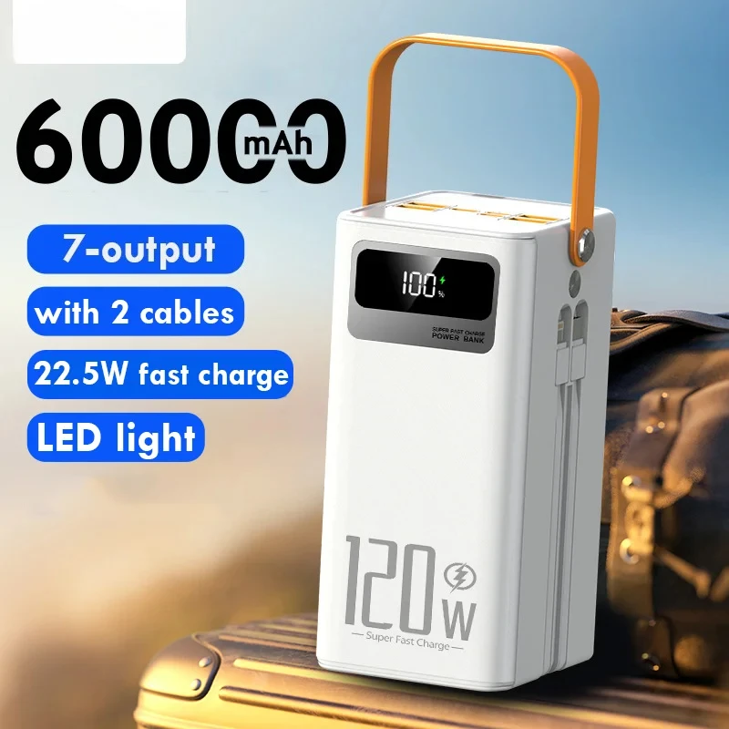 

60000mAh 22.5W Portable LargeCapacity Power Bank Fast Charger with Cable USB C External Spare Battery for IPhone Samsung Xiaomi