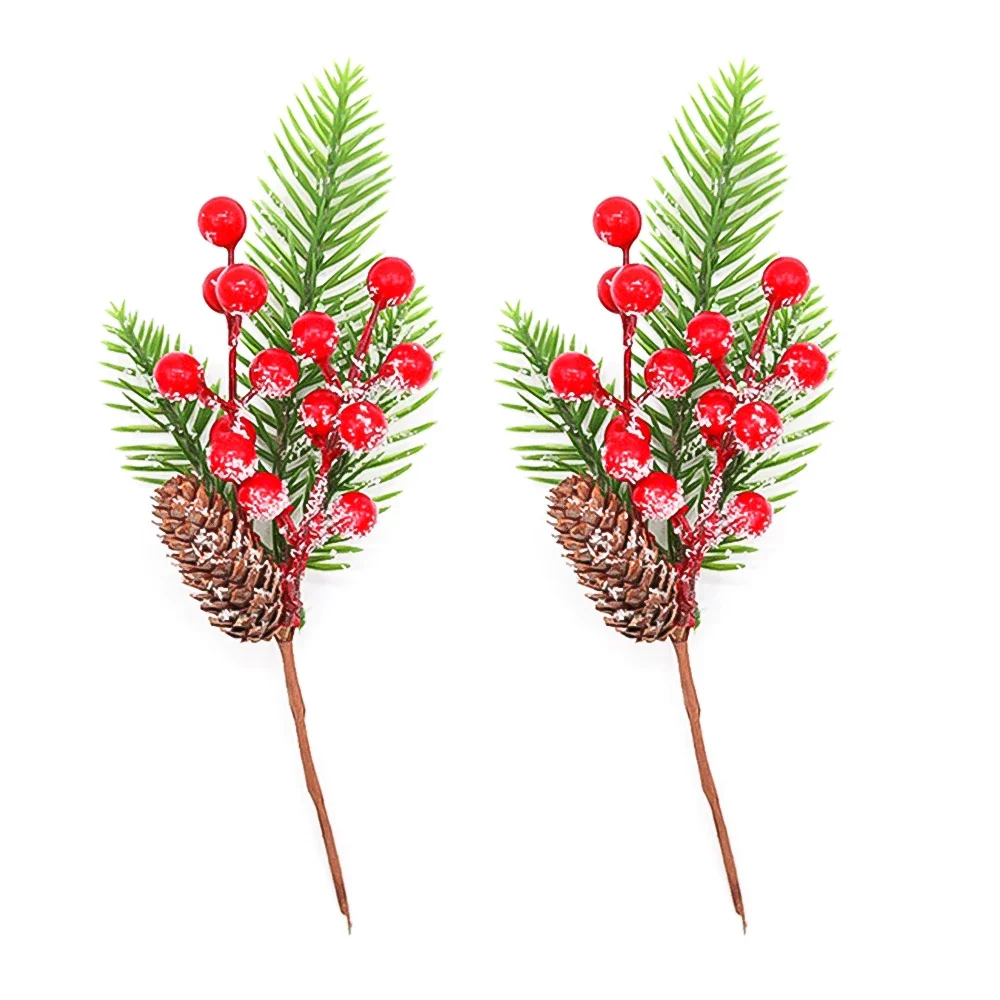 2pcs Artificial Flower Decoration Fake Snow Frost Christmas Tree Pine Branch Cone Berry Holly DIY Ornament Home Decor 24cm