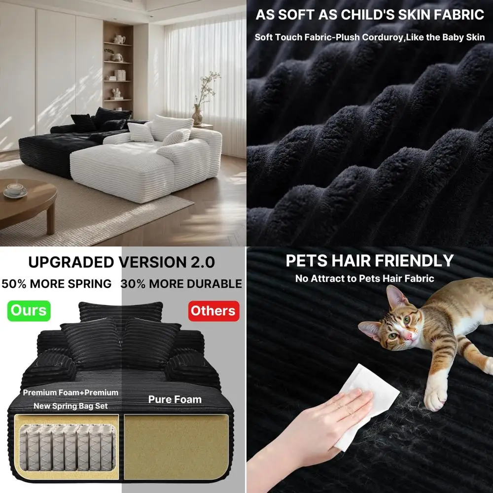 Memory Foam Chaise Lounge Chair, Oversized Plush Corduroy Sofa Bed, Deep Seat Reading Lounger for Relaxation