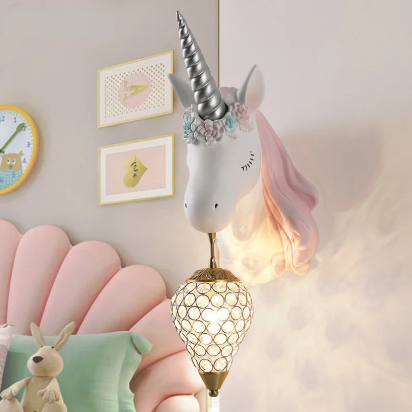 Novelty Unicorn Pink Wall Mounted Lamps for Children Kids Bedroom Bedside Cute School Horse Sconce Light Fixtures Girl Indoor