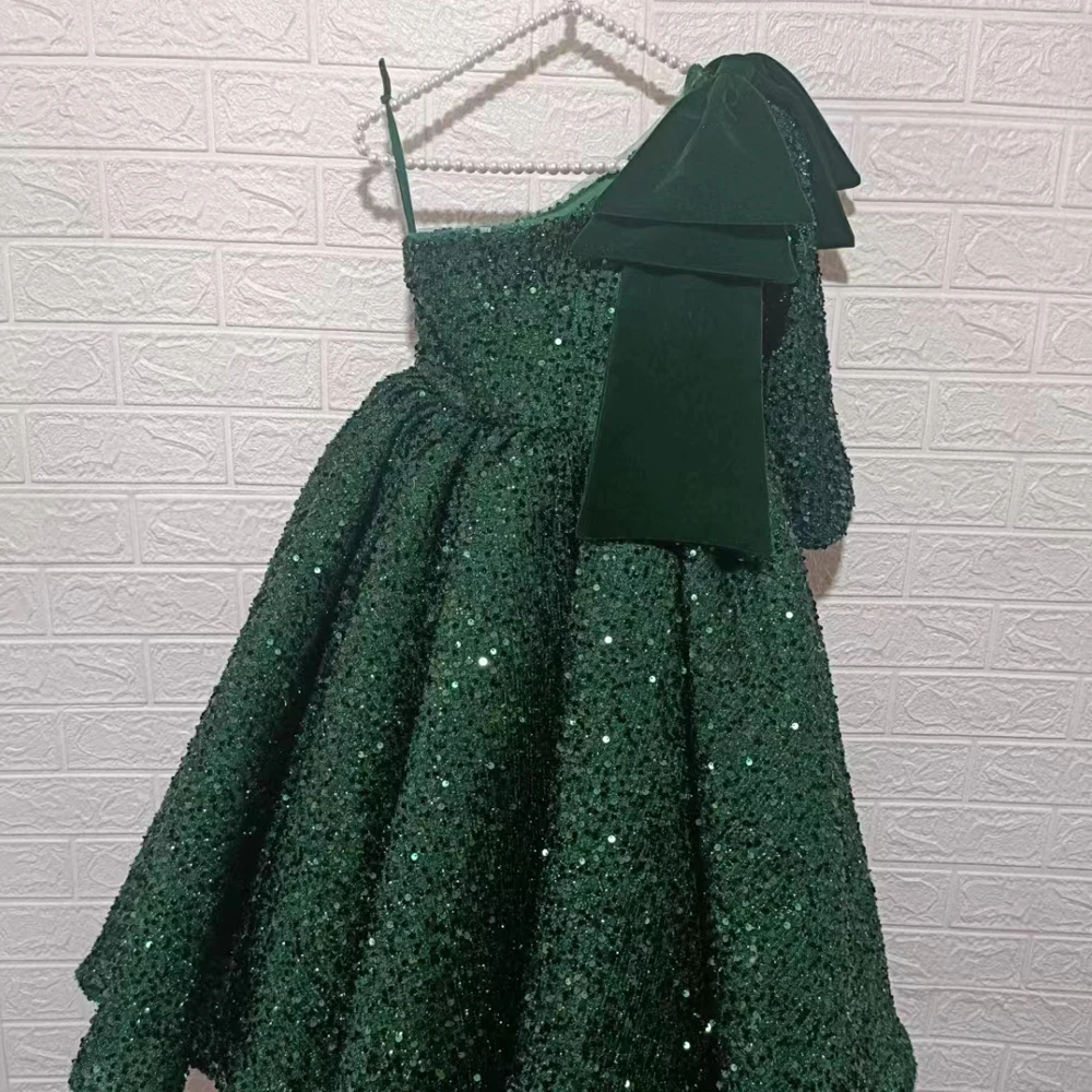 Factory Wholesale Latest Children Birthday Party Gown Single Sleeve Turquoise Green Sequined Wedding Evening Dresses