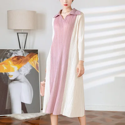 HOT SELLING Miyake fold  dress of patchwork  turndown collar long sleeve A-Line dress IN STOCK