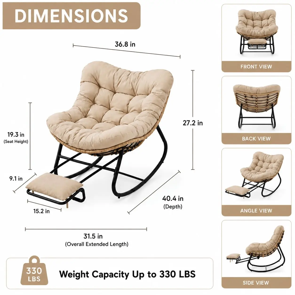 Oversized Rocking Chair with Zero-Gravity Footrest & Ottoman, Lounge Chair for Patio Porch Balcony Indoor, Big Chaise Customized