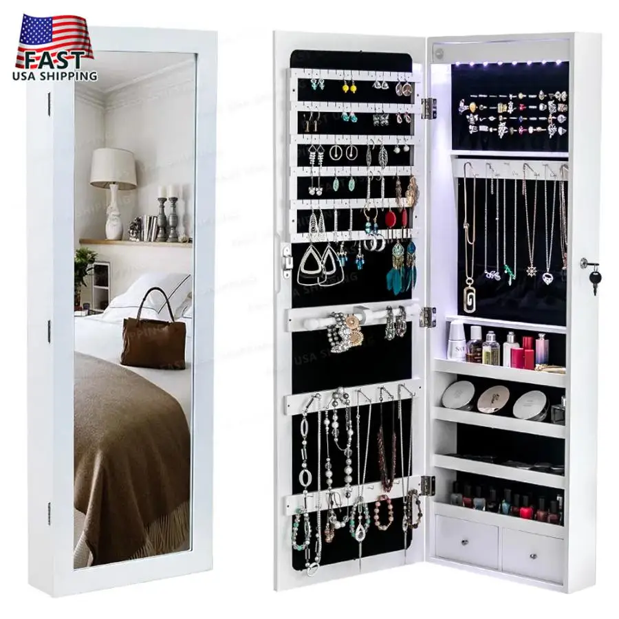 

Non Full Mirror Wooden Wall Mounted 4-Layer Shelf 2 Drawers 8 Blue LED Lights Jewelry Storage Mirror Cabinet - White