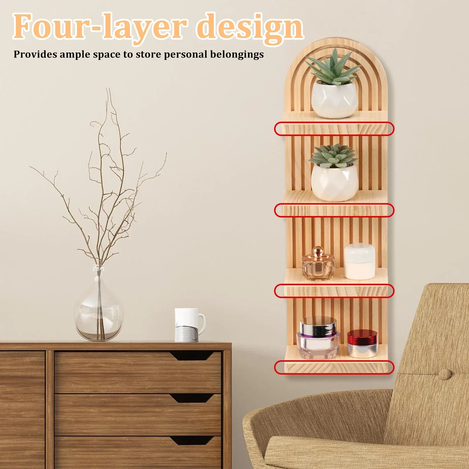4 Tier Boho Wall Shelf Arch Wooden Wall-mounted Storage Rack Home Decoration Floating Shelves for Flowerpot Ornament Book Photos
