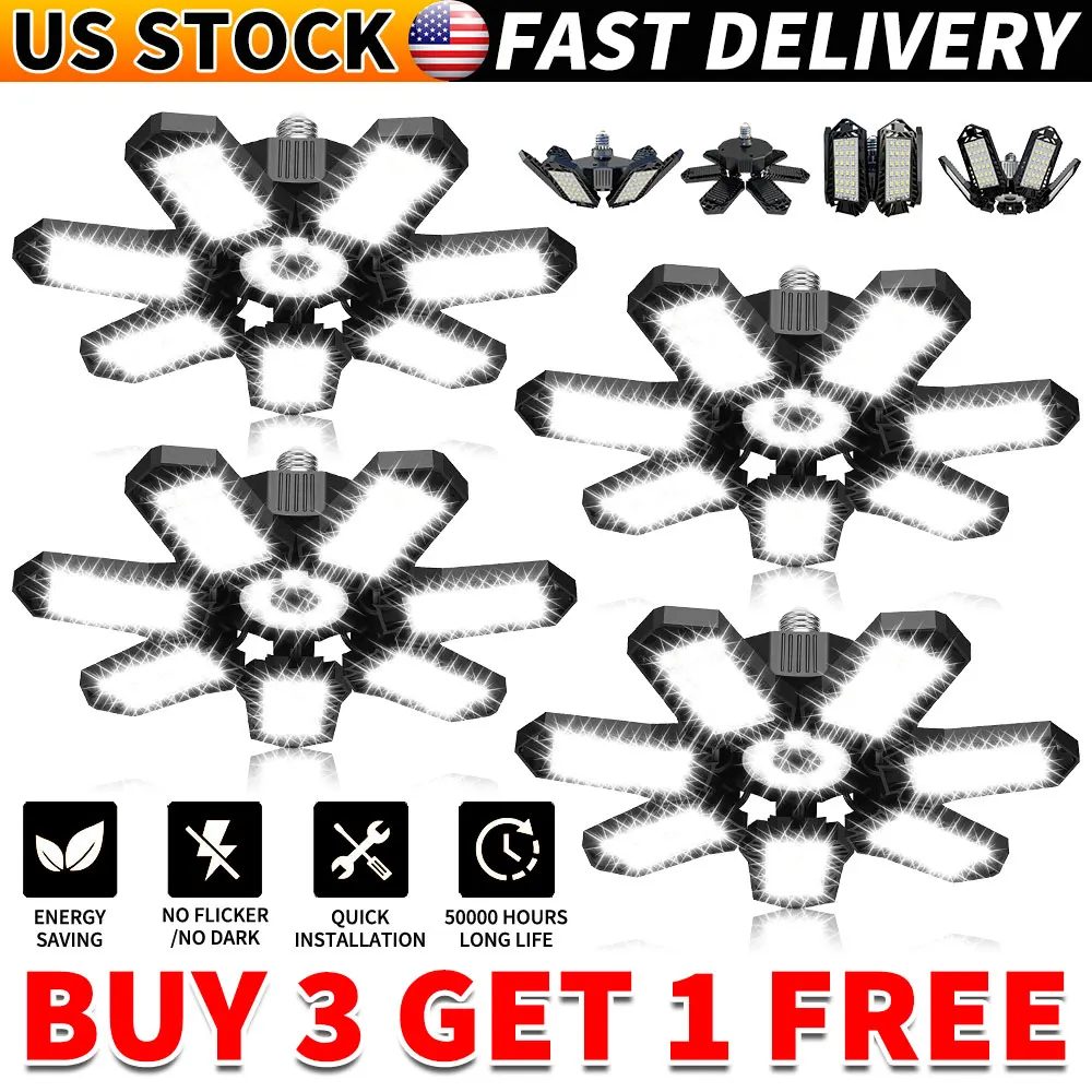 لمبة أضواء المرآب LED لإضاءة السقف القابلة للتشوه، 6500K Shop Light مع 7 + 1 لوحات قابلة للتعديل LED إضاءة المرآب شريط الطابق السفلي