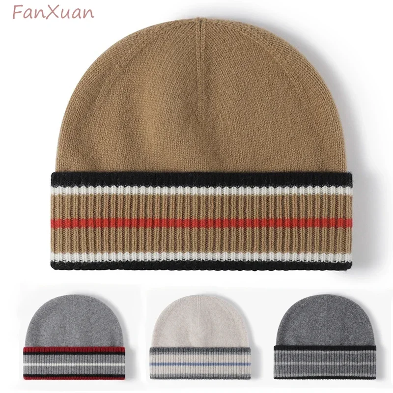 100% Wool Beanies Hats for Men Winter Autumn Knit Striped Hats Cap Male