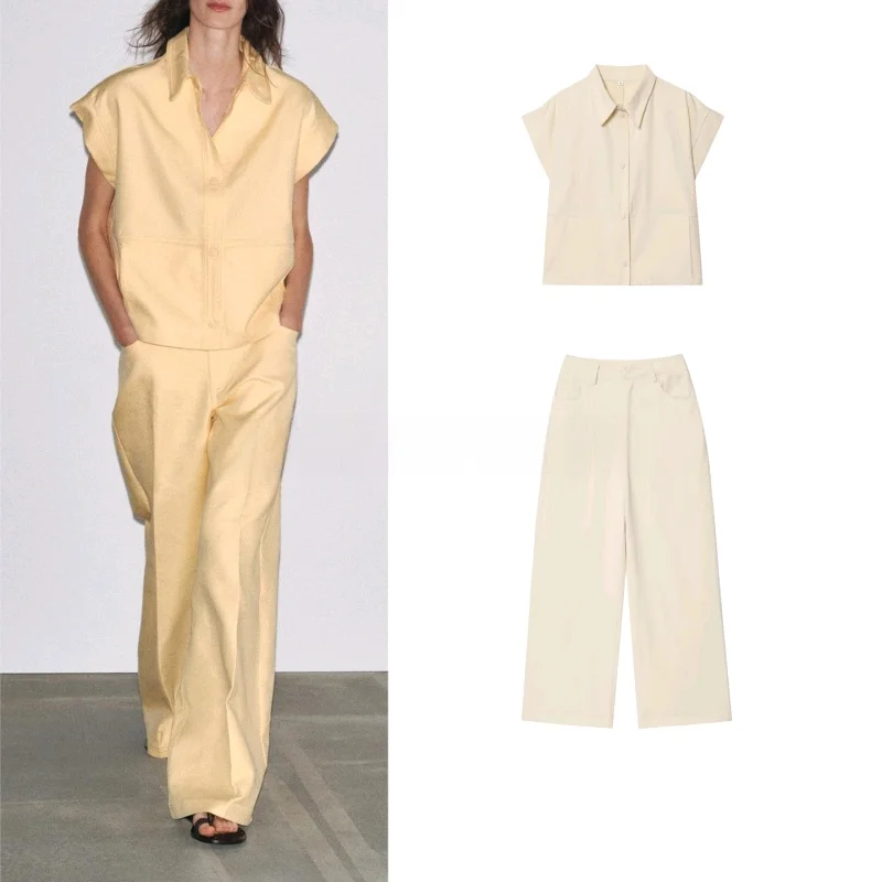 

Свободный крой, жилет из смеси хлопка с лацканами, широкие брюки, длинные брюки, модный осенний наряд для женщин