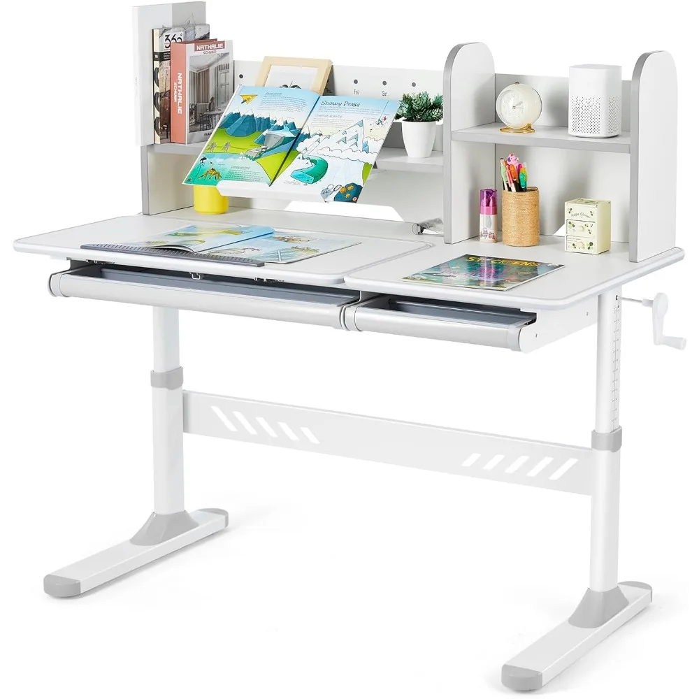 Adjustable Kid's Desk with Storage Hutch and Drawers, 47 Wide Multifunction Ergonomic Study Table, featuring Tilt Function
