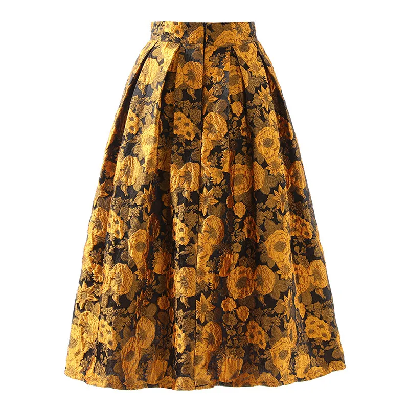 High Quality Gold Vintage Embroidery Jacquard High Waist Puffy Skirt All-match New Spring Summer Mid-long Elegant A-line Skirts
