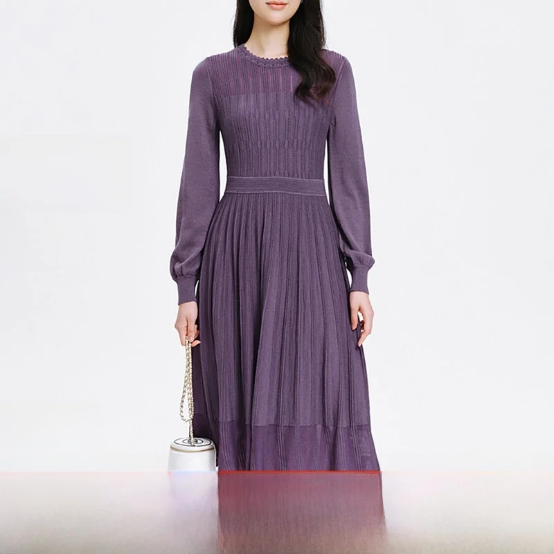 Vestido de Mujer Kerstin, Mezcla de Lana, Manga Larga, Cuello Redondo, Estilo Coreano, Cintura Alta, Moda de Invierno, Casual