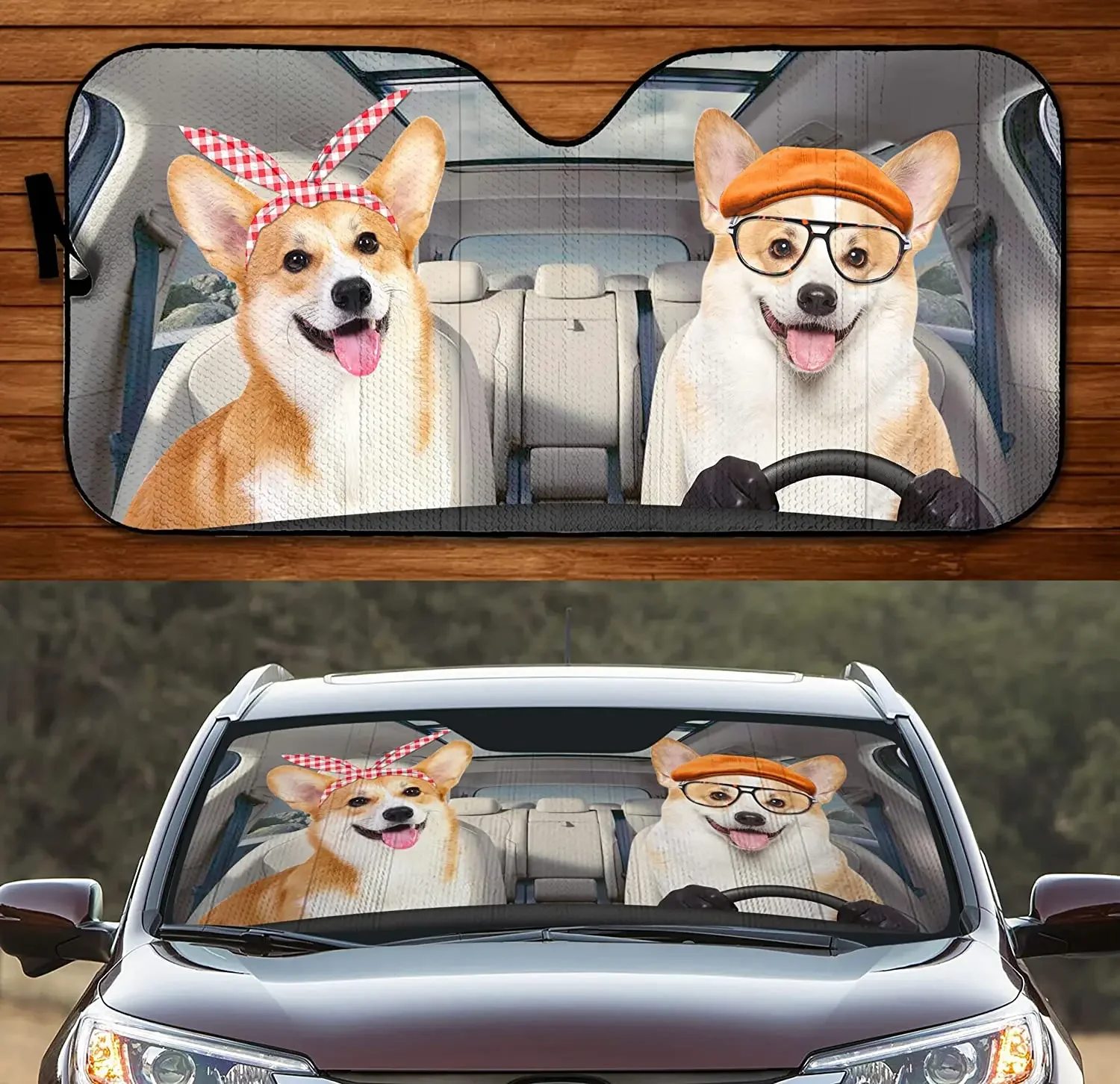 Corgis Driving Headband Hat Eyeglasses Dog Couple Summer Car Sunshade, Corgis Car Window Sun Cover, Car Windshield Durable Visor