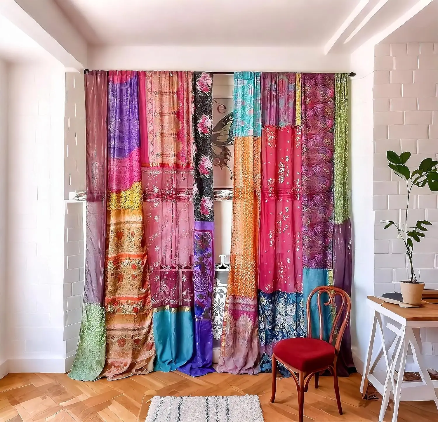 

Indian Vintage Patchwork Curtain Multicolor Sari Style Boho Decor for Living Room Window