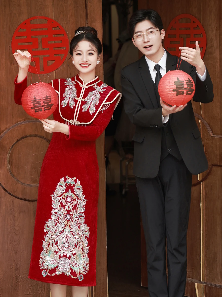 

Ele Red Chinese Sle Wedding Dr with Fur Collar Long Sve Middle Length for Engagement And Wedding