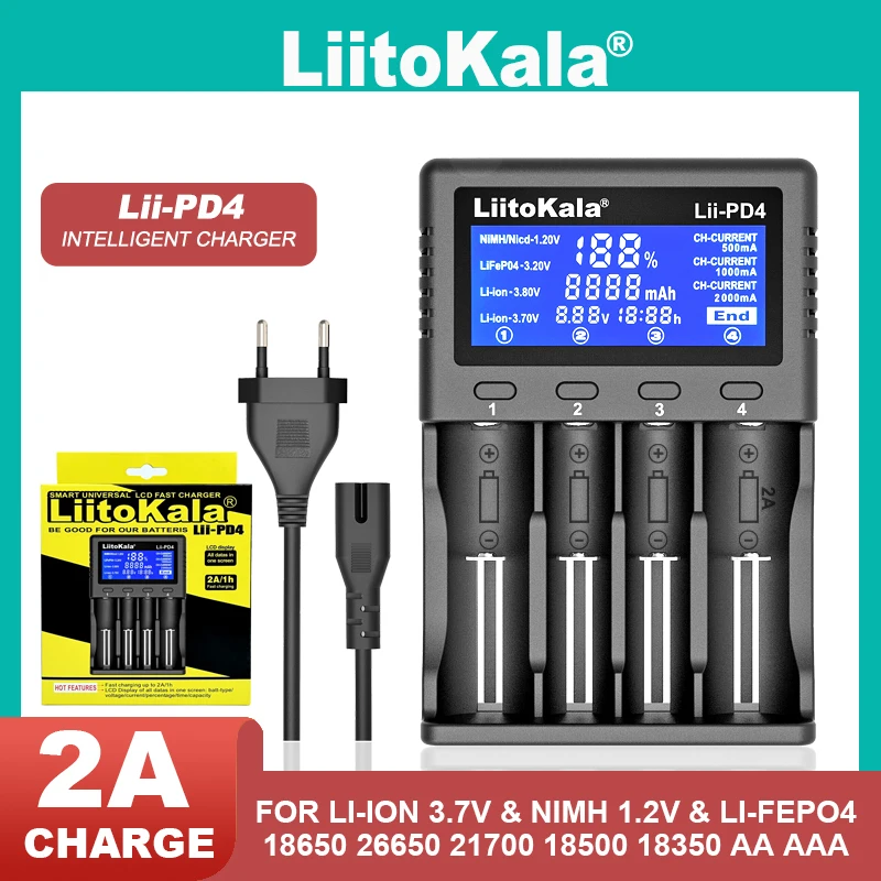 Liitokala lii-pd4 lii-PD2 lii-202 lii-402 Battery Charger 18650 3.7V 21700 Charger ,14500 26650 1.2V AA  NiMH Battery Charger
