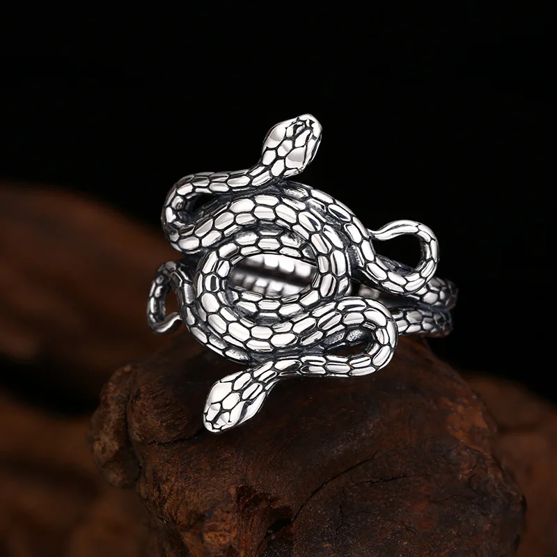 S925 Sterling Silver Charms Rings for Men Women Retro Snake-Pattern Double Snake Twist Around Fashion Punk Jewelry Wholesale ﻿