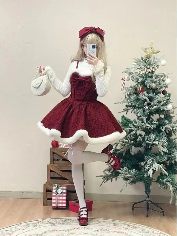 Girl Sweet Lolita Dress Sets Womens Elegant Bow Plush Shawl Short Jackets Mini Skirts Suit Kawaii Christmas New Year 3 Piece Set