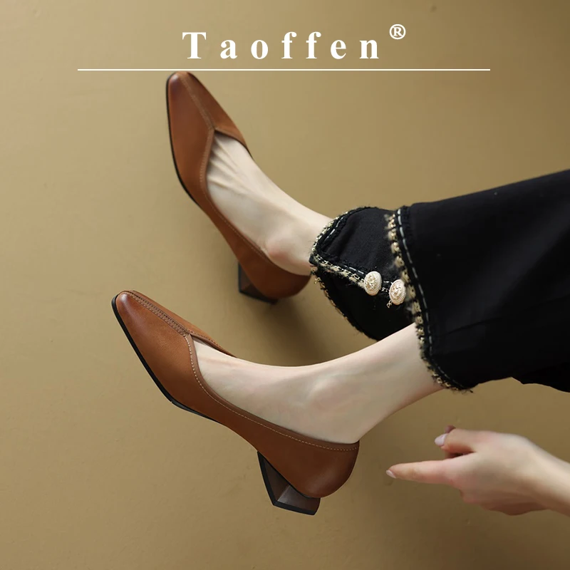 

Taoffen Casual Women's Pumps Real Leather Round Toe Summer Shoes Fashion Slip On Footwear Mixed Colors Splicing Office Pumps