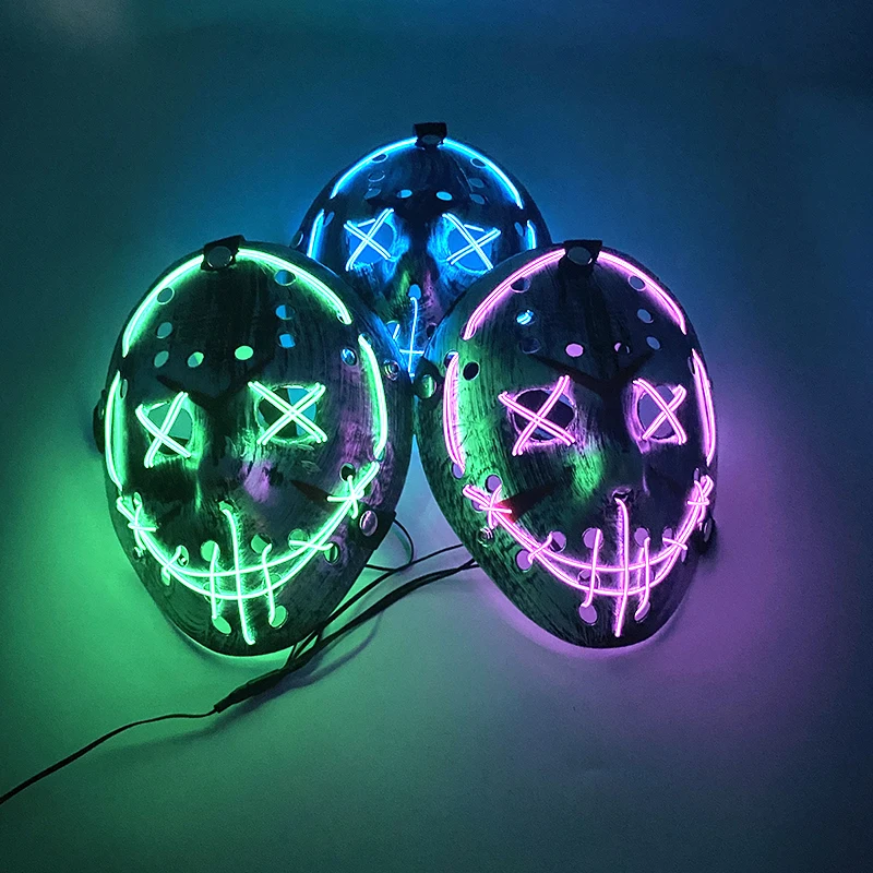ฮาโลวีนผสมสี Light Up หน้ากากเรืองแสง Jason หน้ากากนีออนหน้ากากสยองขวัญสําหรับคอสเพลย์ Jason Voorhees props หน้ากากบ้านผีสิง