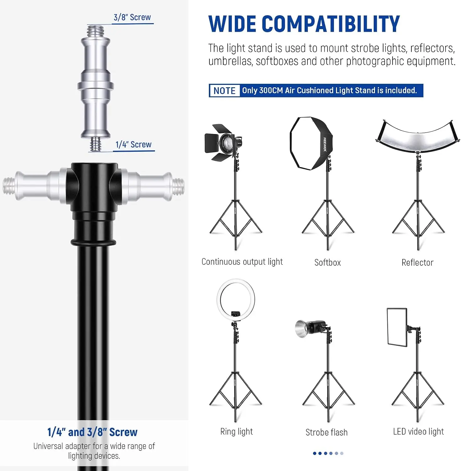 Photography Light Stand, Heavy Duty Air Cushioned Metal Tripod, 9.8ft/3m, Reversible 1/4
