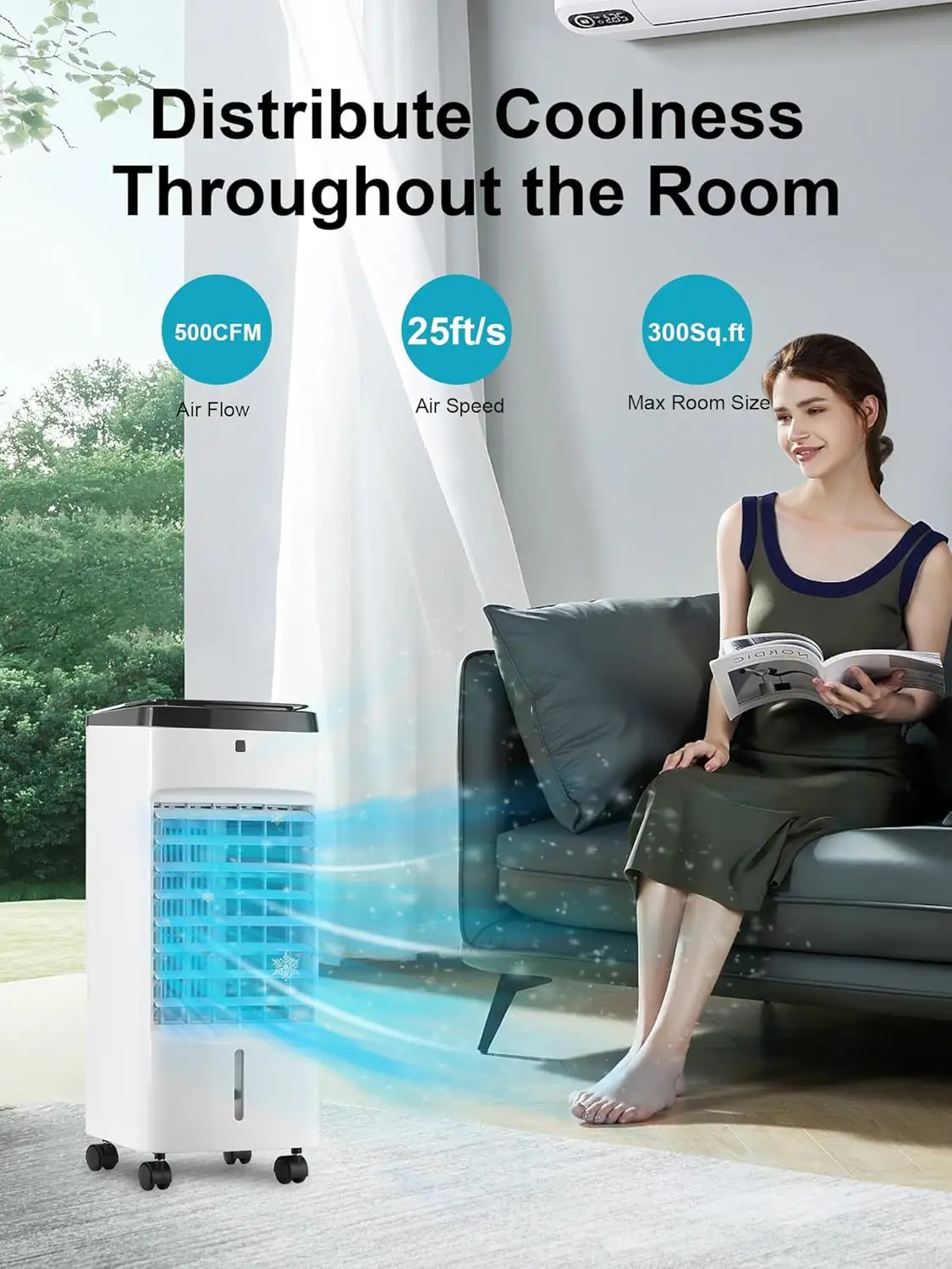 Refroidisseur d'Air Évaporatif 3 en 1 avec 6 Packs de Glace, Télécommande, Minuterie 12H, Portable, Oscillation à 70 °