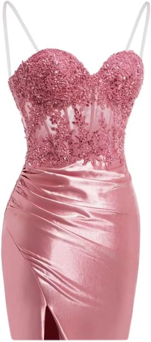 فستان للمراهقين بحمالات رفيعة من الساتان لحفلات العودة للوطن مزين بالدانتيل فساتين قصيرة للحفلات الراقصة وحفلات التخرج للنساء الشابات #1