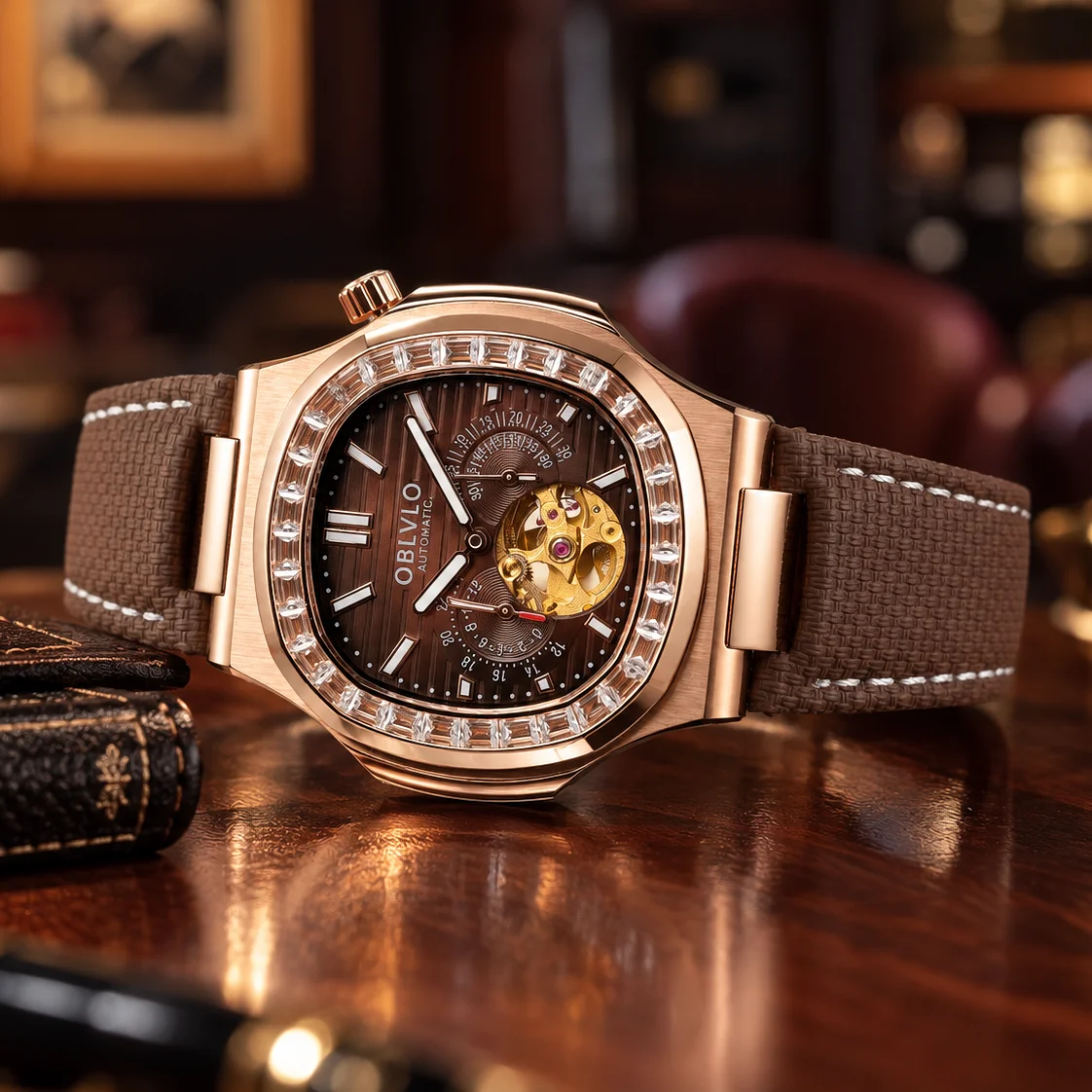 OBLVLO Fashion Automatic Watch - Rose Gold Square Case Brown Dial with Diamond Tourbillon Glain Leather Mechanical Clock FM-SF-D